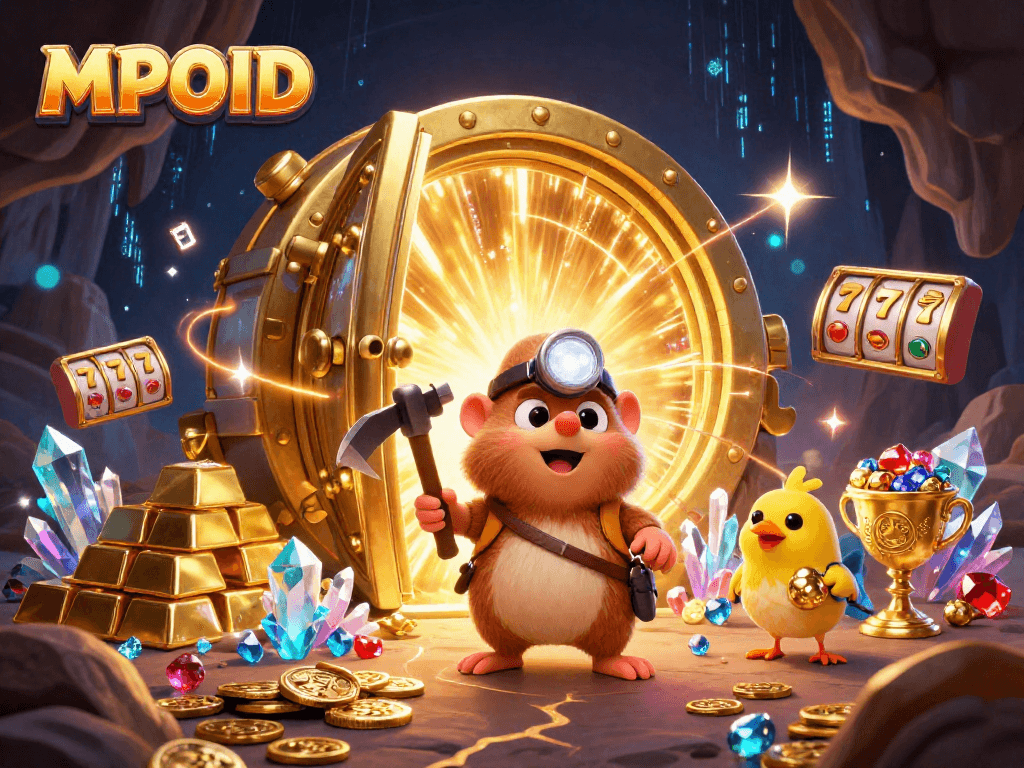 MPOID illustrates a treasure hunter mole amidst golden gems and slot elements in a vibrant casino scene.