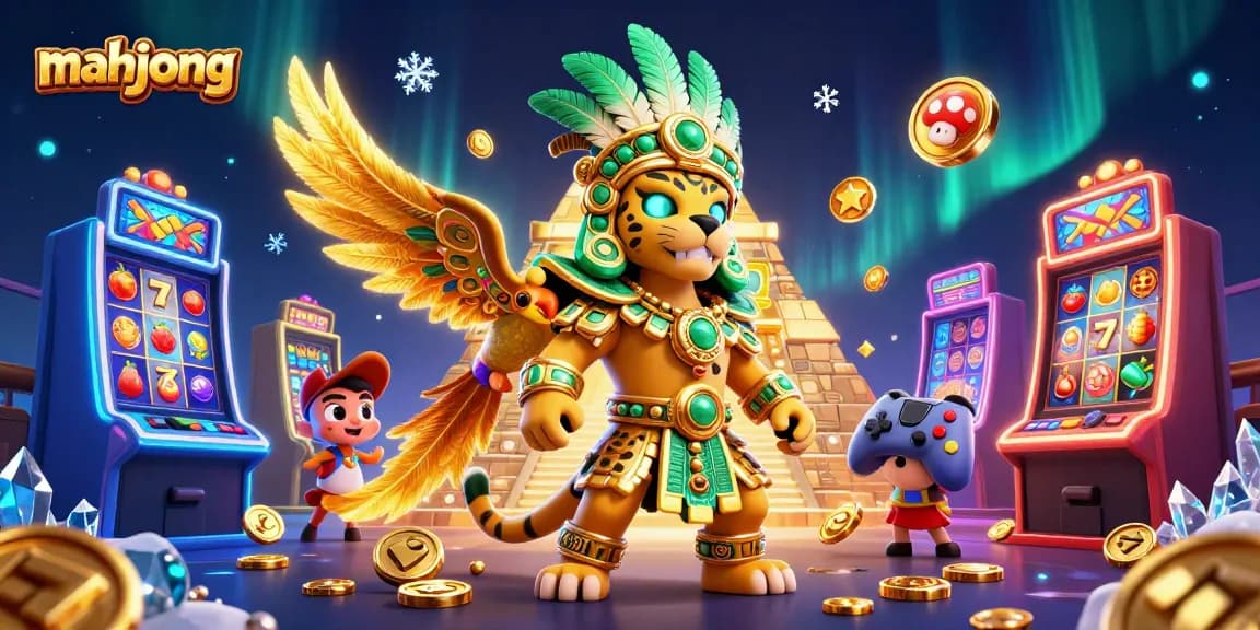Engage in mahjong adventures with a dynamic 3D illustration of a Mayan priest and slot machines.
