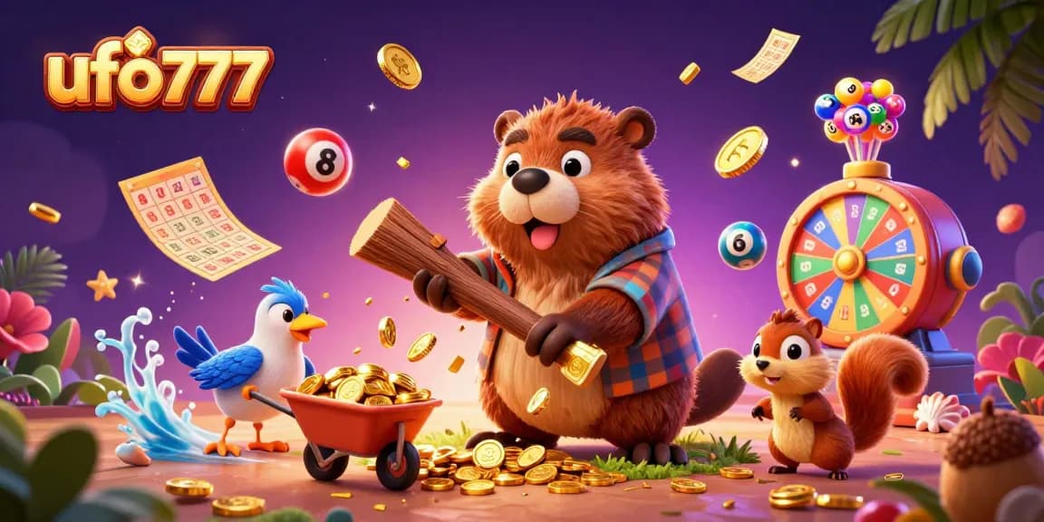 Engage with ufo777's vibrant game world featuring characters amidst golden coins and lottery elements.