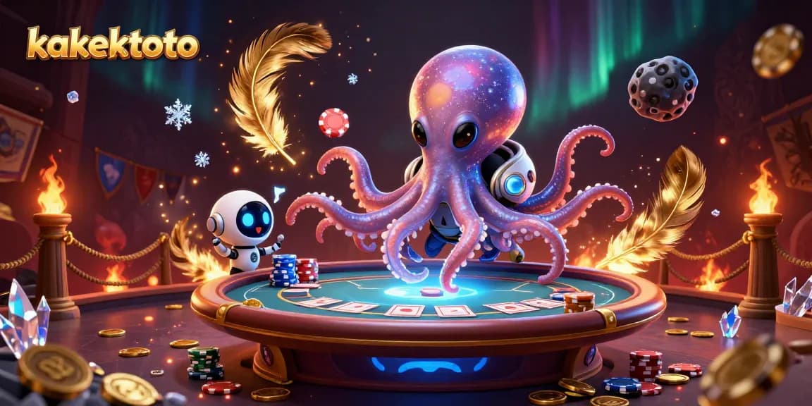 Join the kakektoto game table with alien octopus and cheerful robot in a vibrant casino scene.
