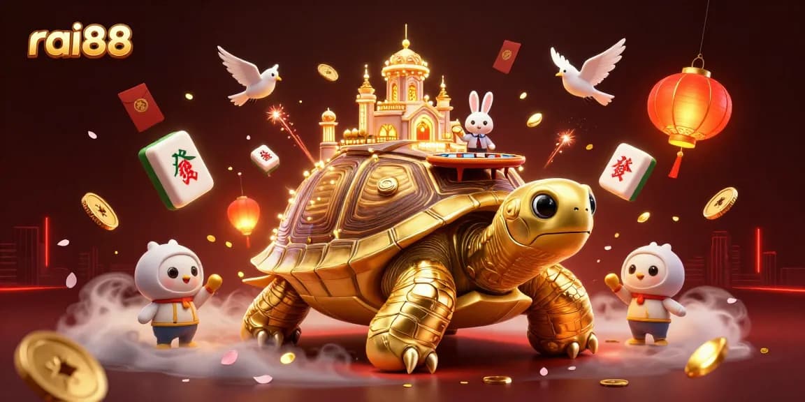 Experience vibrant gameplay at rai88 with a golden tortoise casino illustration showcasing festive elements.