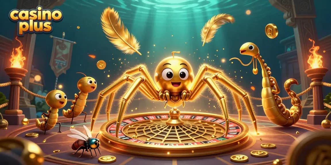 Experience casino plus with thrilling bets at a roulette wheel-themed web spun by a golden spider.