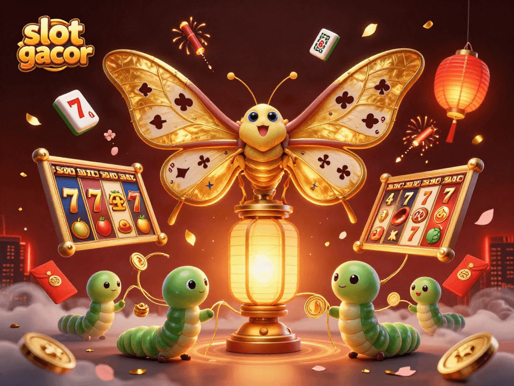 Engage with slot gacor through a vibrant 3D illustration of casino themes featuring golden moth and dynamic game elements.