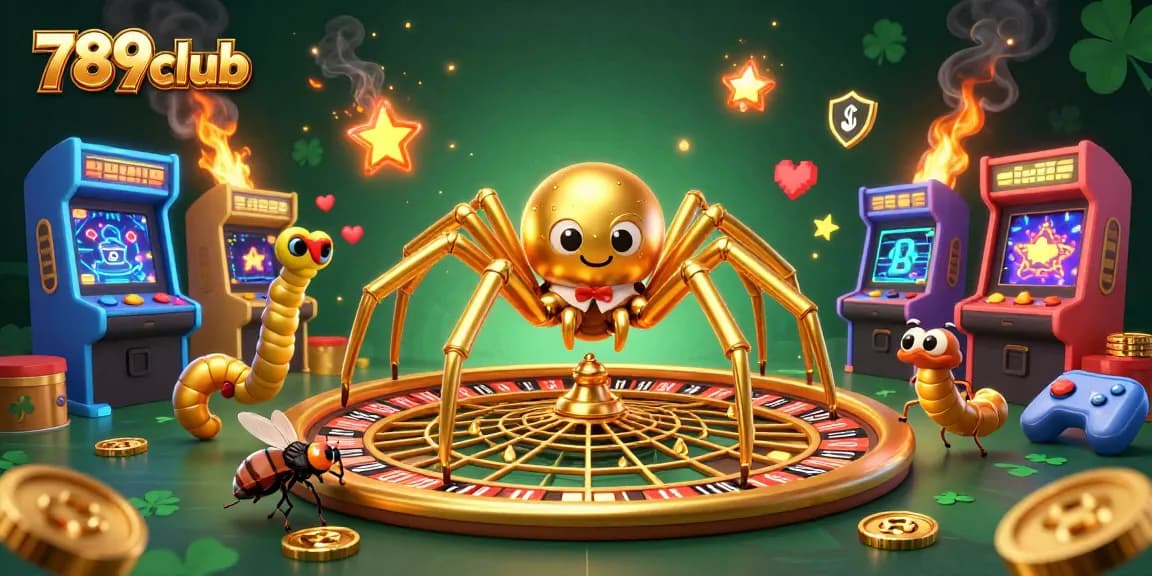 Experience the thrill of 789club with a golden roulette web spun by a cartoon spider, embodying the excitement of gaming.