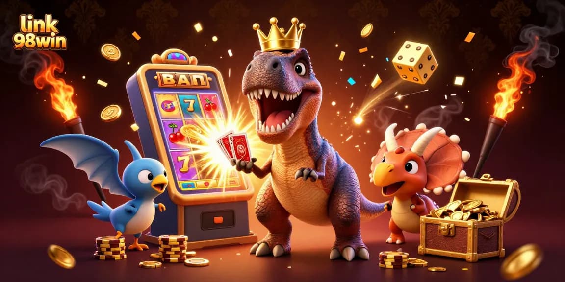 Experience thrilling action at link 98win with a vibrant 3D casino scene featuring exciting gaming elements and colorful characters.