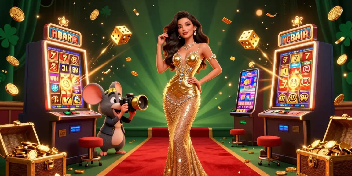 manclub players winning at slots with a glamorous woman, cartoon mouse photographer, and vibrant casino elements