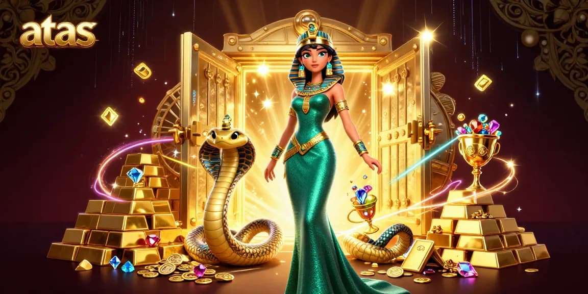 Experience the thrill at atas casino with dynamic elements of gold, gems, and vibrant gaming ambiance.