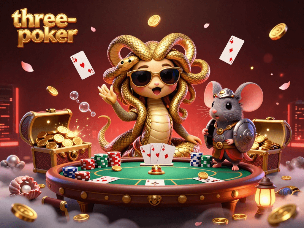 Experience thrilling three-card-poker action with Medusa and a warrior mouse in a vibrant casino scene.