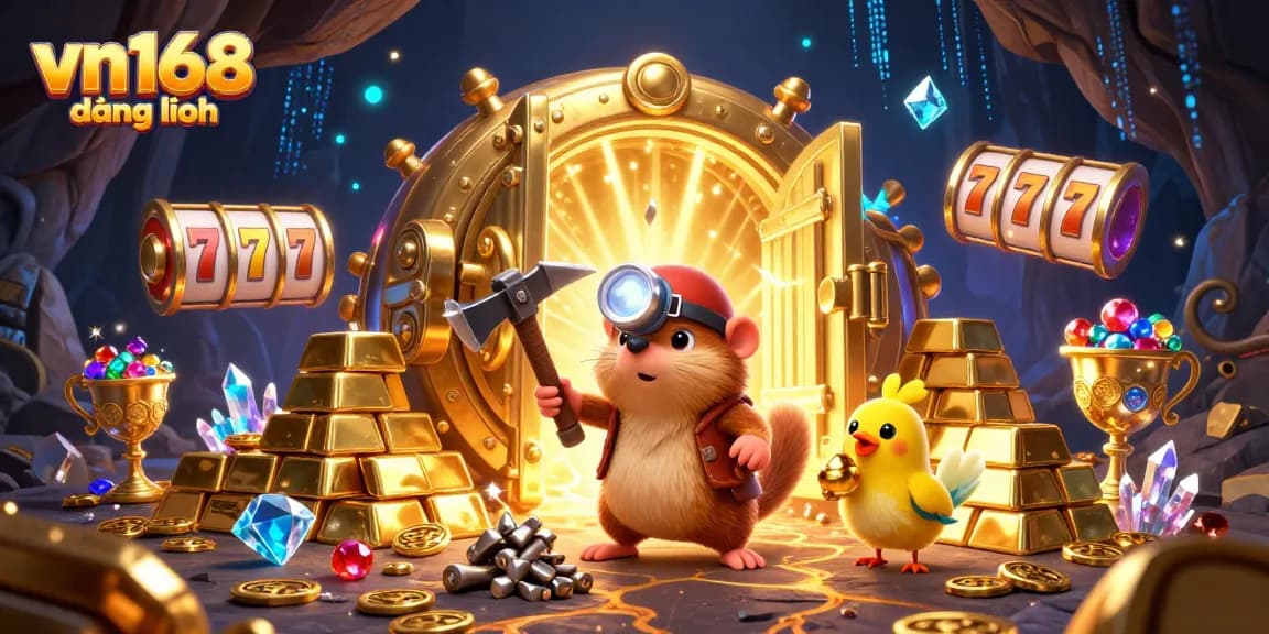Experience vn168 đăng nhập with a vibrant 3D casino illustration featuring a treasure hunter mole and gaming elements.
