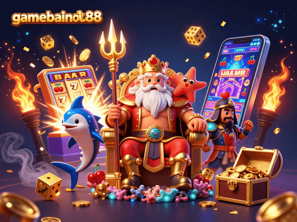 Experience the excitement of gamebainohu88 as Neptune commands a vibrant casino scene with jackpots bursting around him.