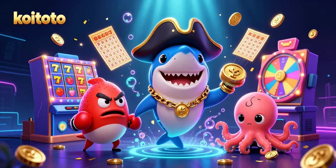 Koitoto elevates excitement with colorful slot reels and dynamic gaming characters in a vibrant scene.