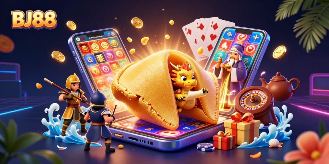 Engage with BJ88's interactive slots as a golden fortune cookie unleashes excitement and treasures.