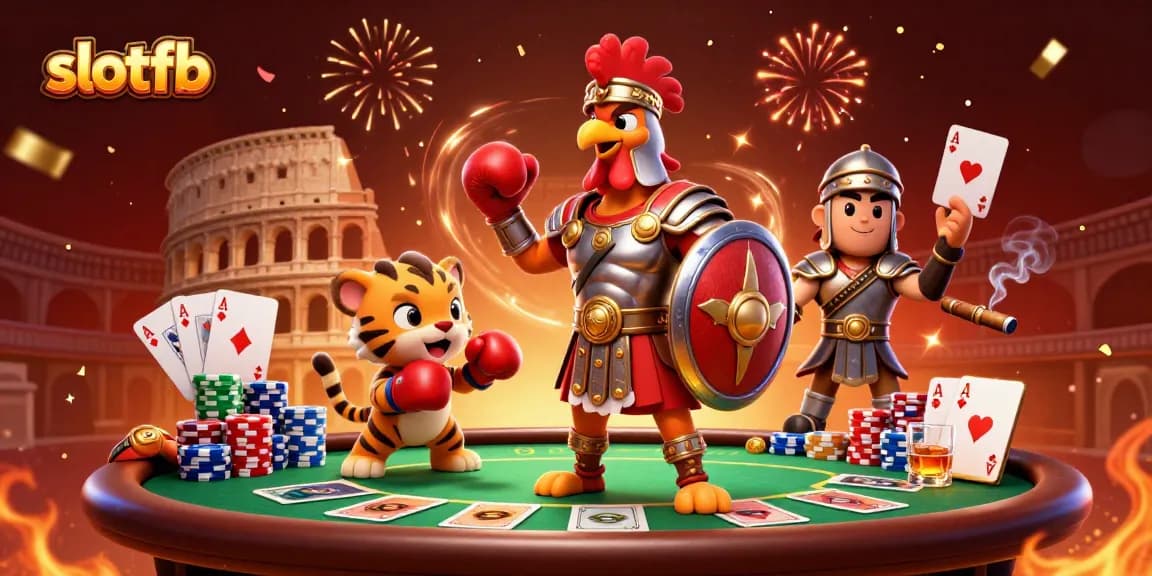 Menggabungkan slotfb dengan ilustrasi ayam jantan gladiator dan elemen kasino, menghadirkan keseruan di arena.