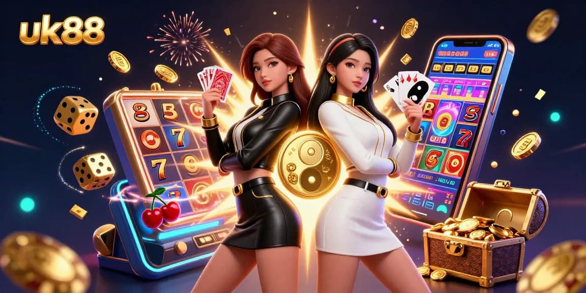 Experience thrilling action with uk88's dynamic twin characters in a vibrant casino scene.