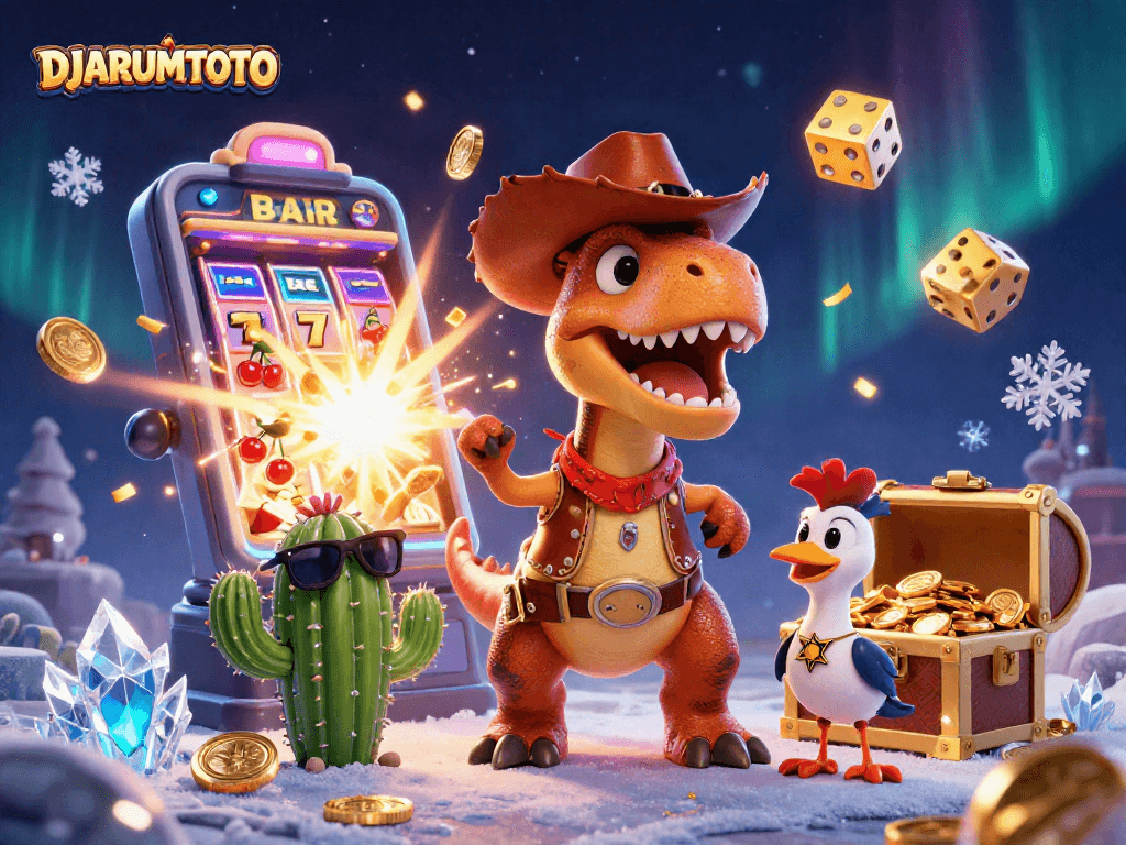 Win big with DJARUMTOTO in this vibrant casino-themed 3D illustration featuring a T-Rex!