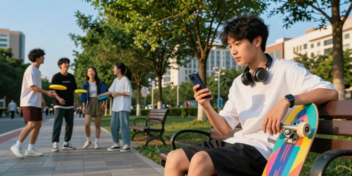 Engaging moment with an AI girlfriend on a smartphone in a vibrant urban park.