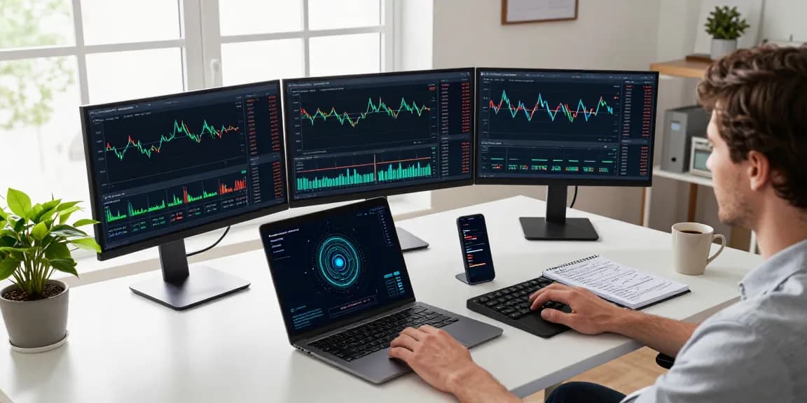 Playexch247 trading setup with blockchain charts and digital wallet in a modern office.