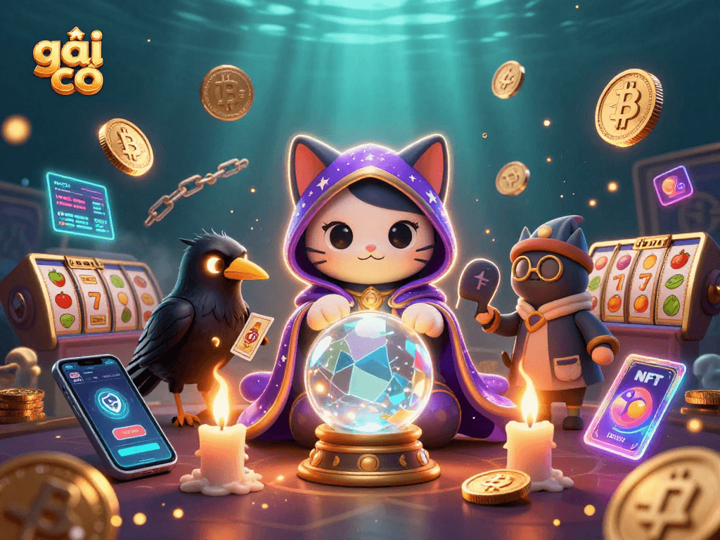 Experience the magic of gambling with gái gọi in an enchanting 3D scene featuring mystical characters and slot elements.