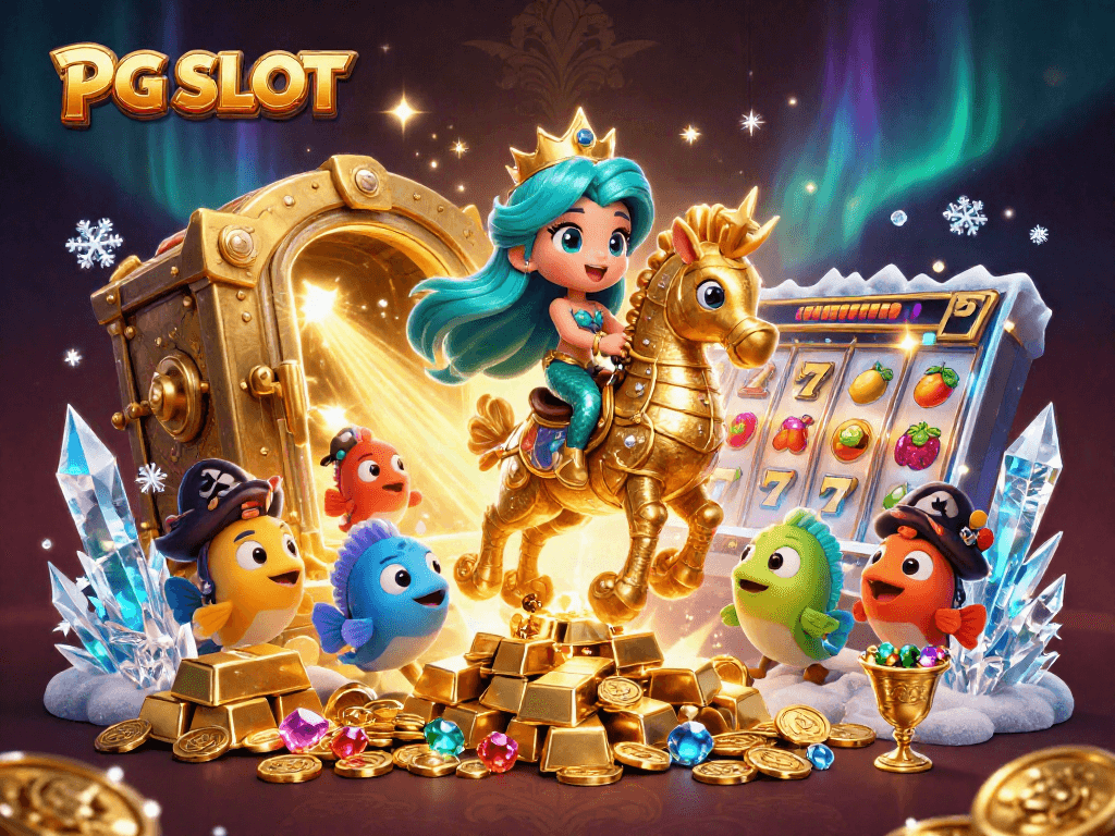 Experience the adventure of PG SLOT with a mermaid princess and seahorse in a treasure-filled scene.
