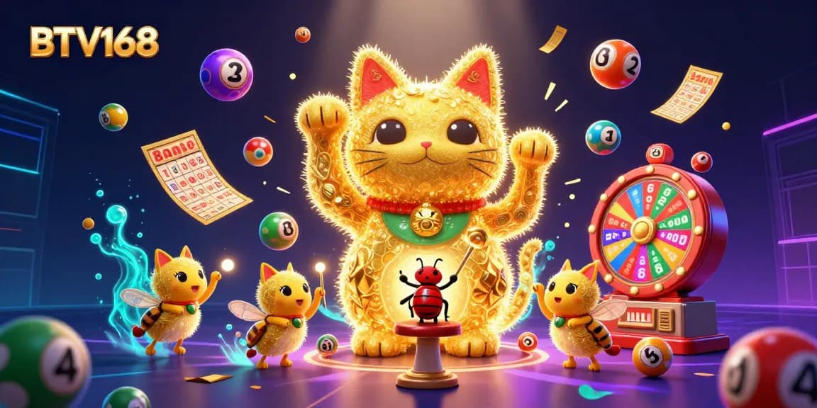 BTV168 showcases a vibrant lottery scene with golden fireflies and dynamic casino elements.