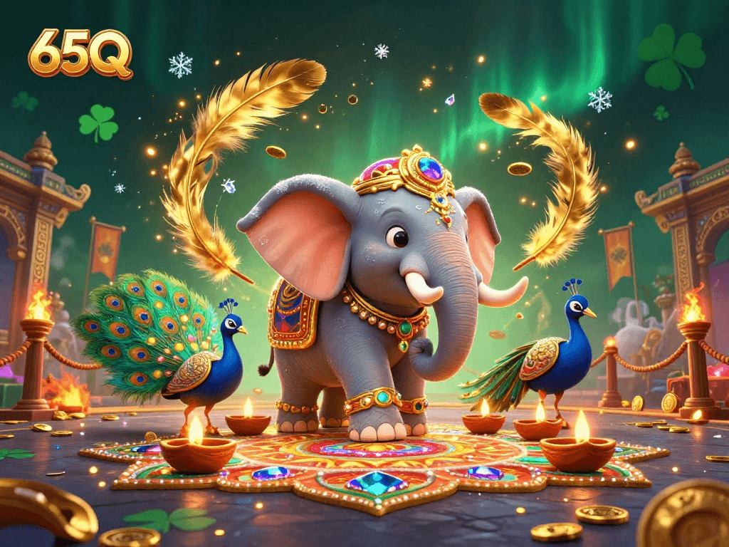 Apostando no 65Q, um elefante decorado e um pavão estão em cena vibrante em um cassino.
