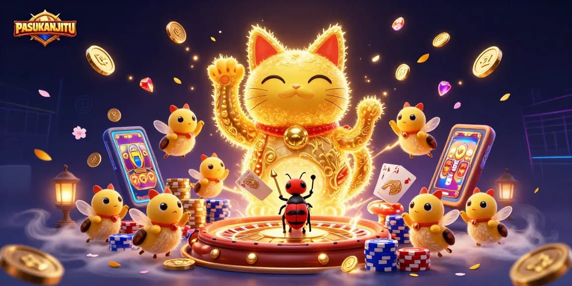 PASUKANJITU unleashes a vibrant casino scene with a lucky cat and dynamic game elements.