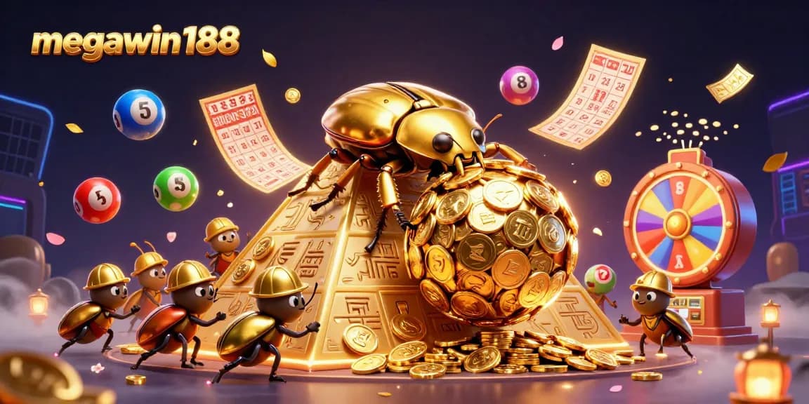 megawin188 menawarkan pengalaman bermain dengan beetle emas dan simbol kasino dalam ilustrasi menarik