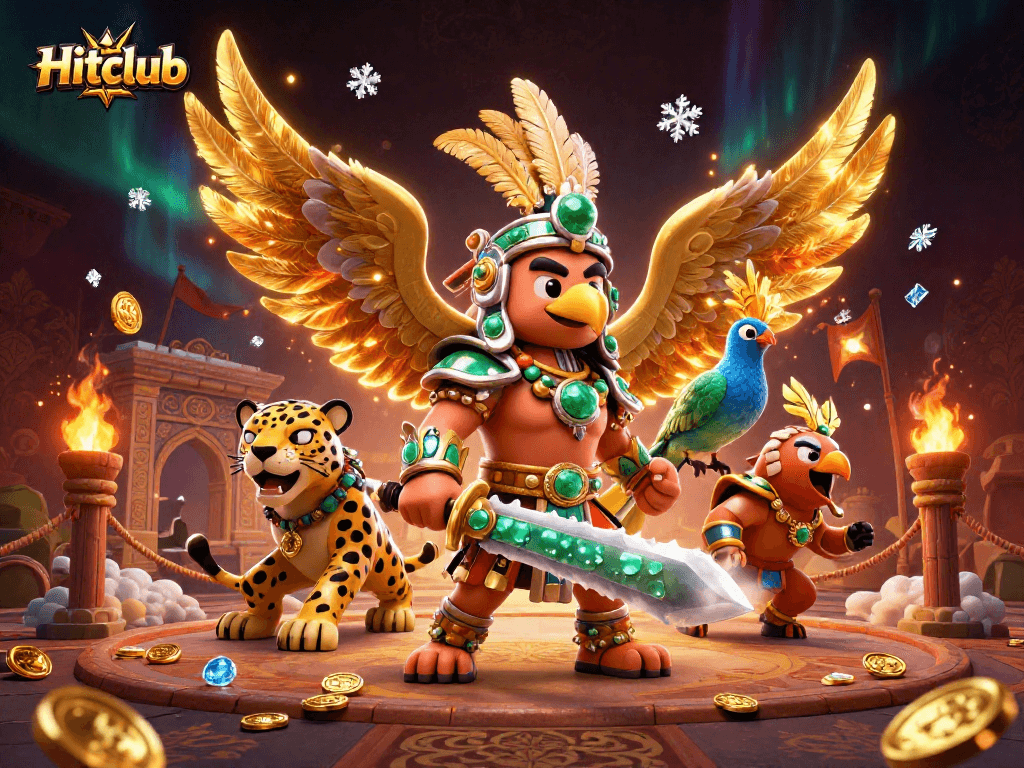 Hitclub showcases an Aztec warrior and a jaguar amidst vibrant casino elements and gold.
