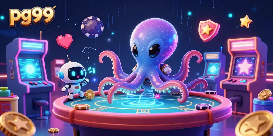 Join the fun at pg99's holographic poker table with an alien octopus and robot, surrounded by dynamic casino elements.