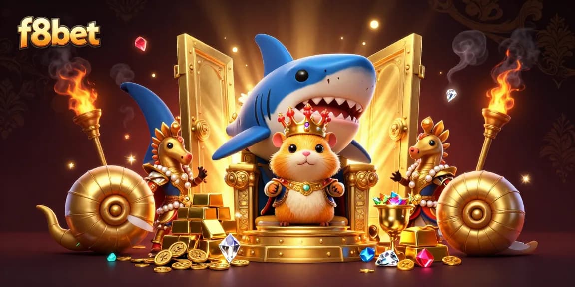 Experience thrilling wins at f8bet with an ultra-detailed cartoon casino scene featuring majestic characters and treasure.
