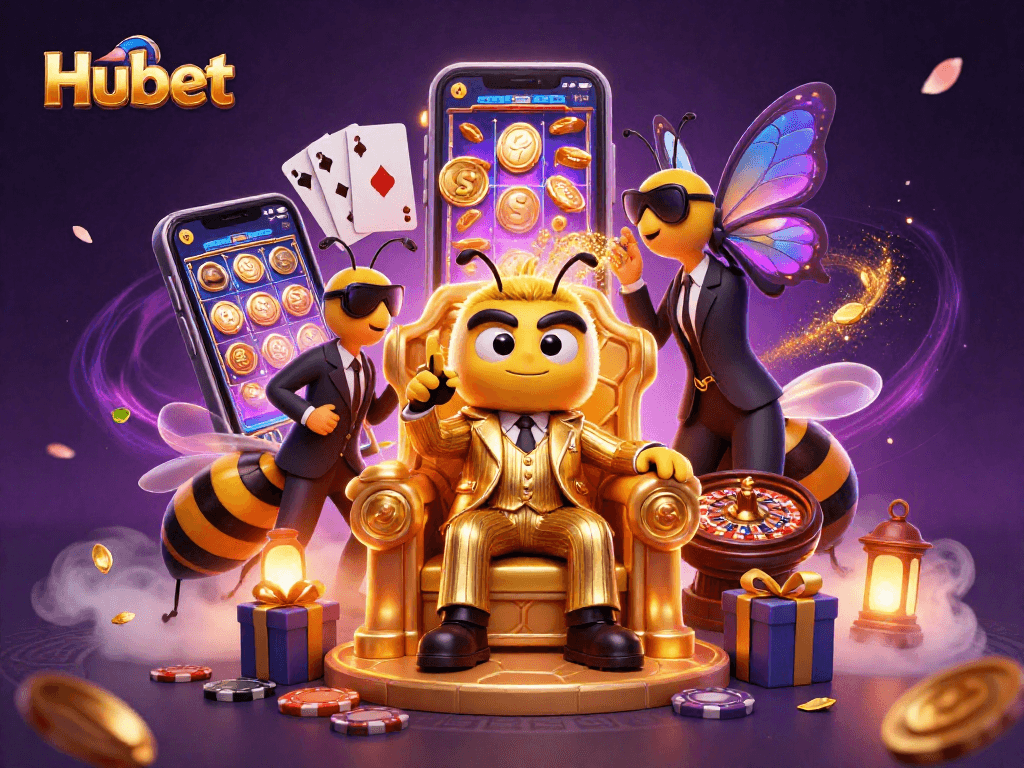 Experience thrilling gaming with Hubet in a whimsical 3D casino scene filled with golden coins and vibrant slot games.