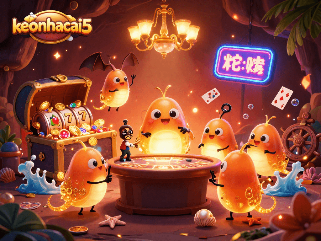 Engage in exciting action at keonhacai5 casino with vibrant glowworms and animated slot reels.