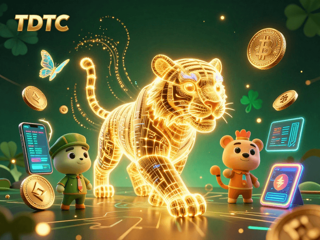 Engage with TDTC's vibrant 3D casino world featuring a golden tiger and crypto elements.