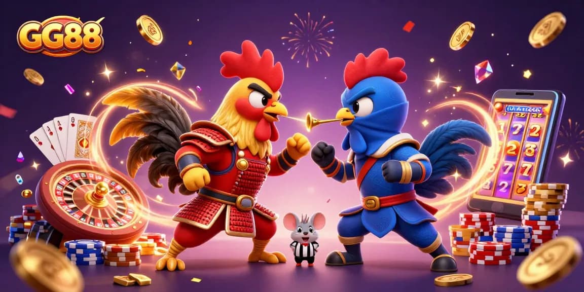 Engage in the thrilling action of GG88 with a dramatic rooster show-down amidst a vibrant casino atmosphere.