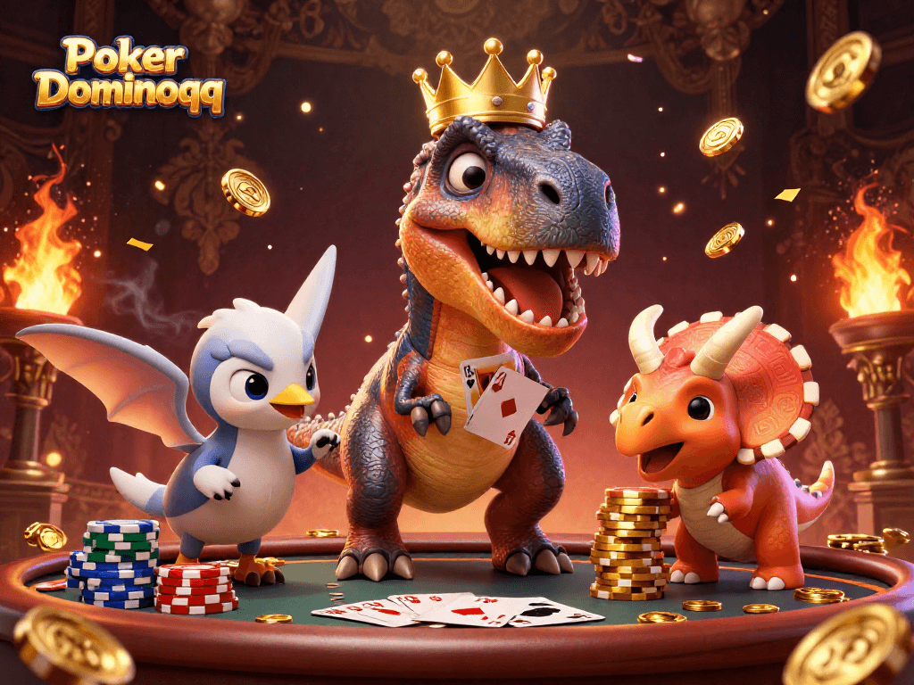 Engage in thrilling Poker Dominoqq action with vibrant 3D character scene and dynamic gaming elements.