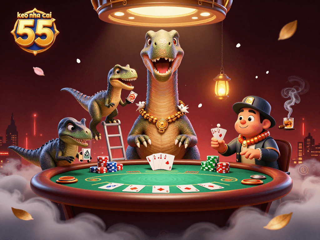 Engage in thrilling poker action with keo nha cai 55 in an exciting 3D casino scene