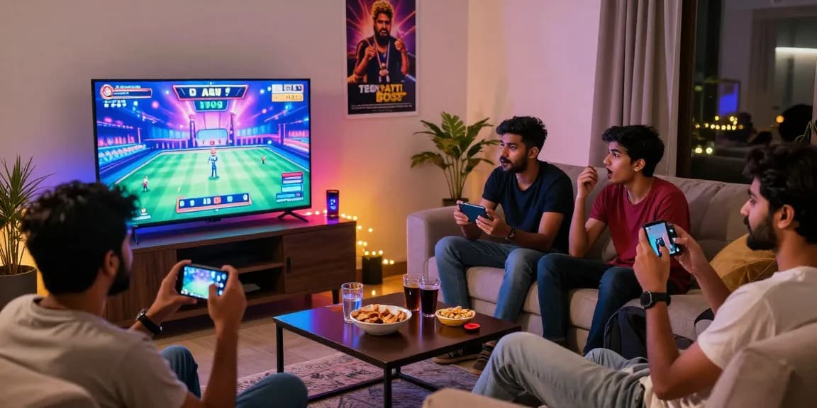Young players enjoying Teen Patti Boss game together in a cozy room, Try it now for thrilling gameplay!