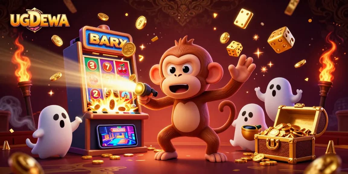 UGDEWA promotes lively slot action in a vibrant casino scene with playful characters and golden rewards.