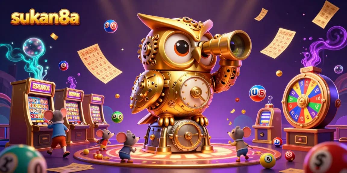 Sukan8a entertains players with an ultra-detailed 3D casino scene featuring a golden owl scanning slot machines and lottery balls.