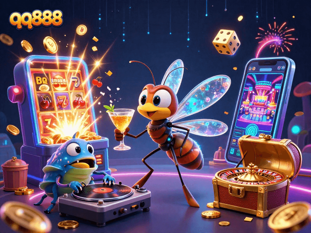 Experience thrilling gameplay with QQ888, featuring vibrant characters and a jackpot explosion in a casino setting.