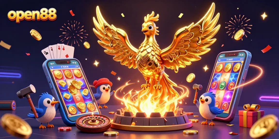 Experience the thrill of open88 with a vibrant phoenix and dynamic casino elements.