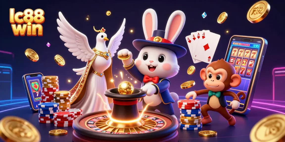 Win big with lc88 win as a 3D magician rabbit reveals golden coins in a vibrant casino atmosphere.