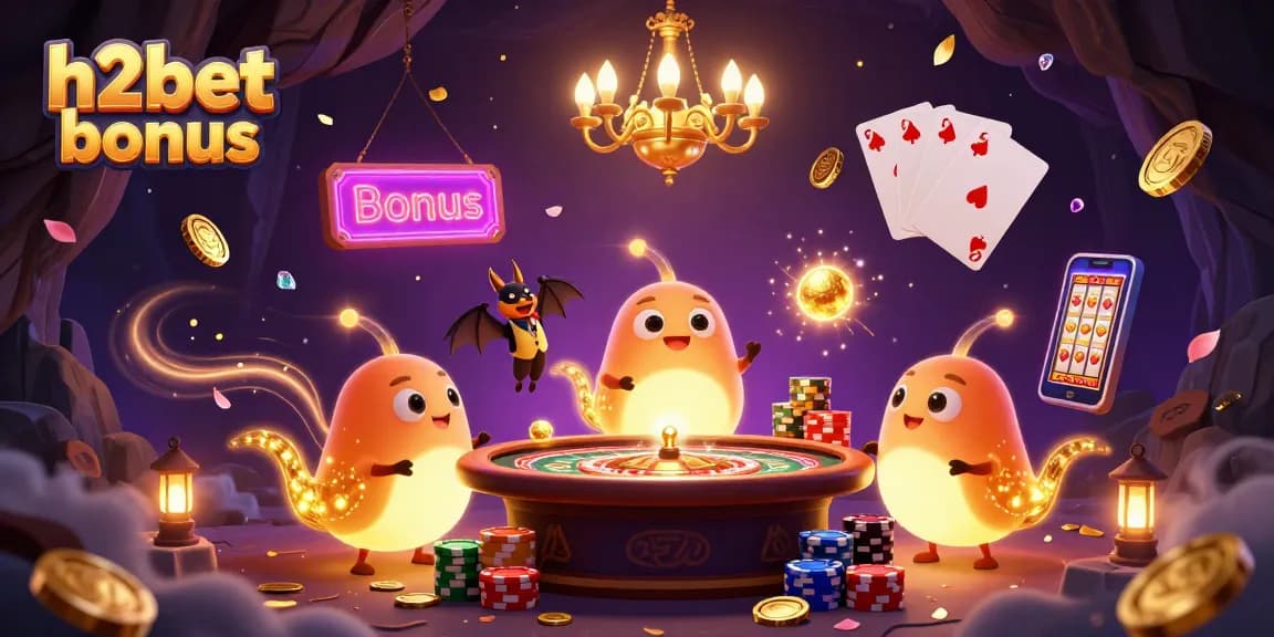 Jogadores iluminam o cassino da H2BET com bônus, rodeados por moedas douradas e cartas.