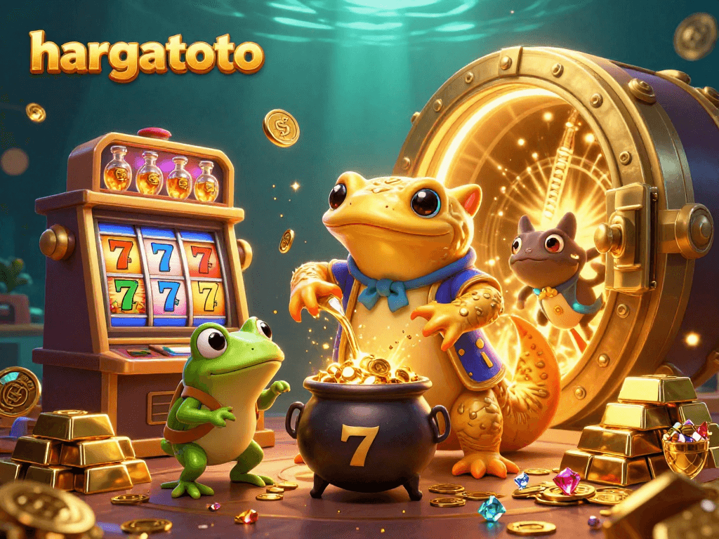 Experience the excitement at hargatoto with vibrant slots and gold coins overflowing from a magical scene.