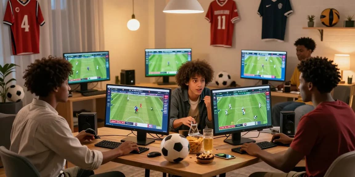 Engaging friends placing taruhan mix parlay bola88 bets in a lively sports betting environment with game updates.