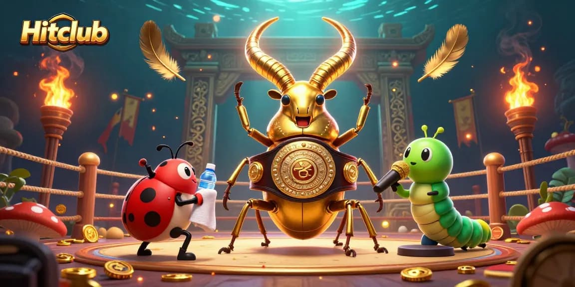 Hitclub enhances the gaming experience with a dynamic 3D scene showcasing a golden stag beetle champion, ladybug corner-man, and caterpillar announcer.