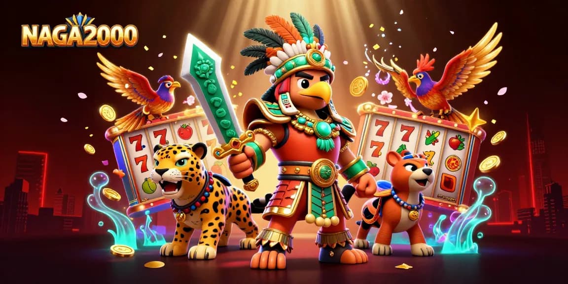 NAGA2000 menampilkan scene kasino 3D yang cerah dengan slot berputar dan simbol keberuntungan.