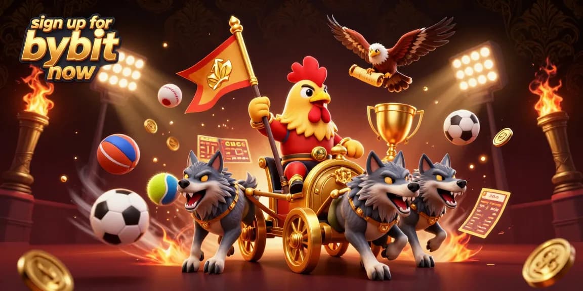 Engage in crypto trading and sign up for Bybit now with a vibrant 3D illustration of a rooster warlord and dynamic sports elements.