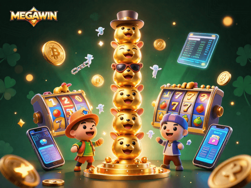 Experience the thrill of MEGAWIN with vibrant slot reels and crypto elements in colorful 3D art.
