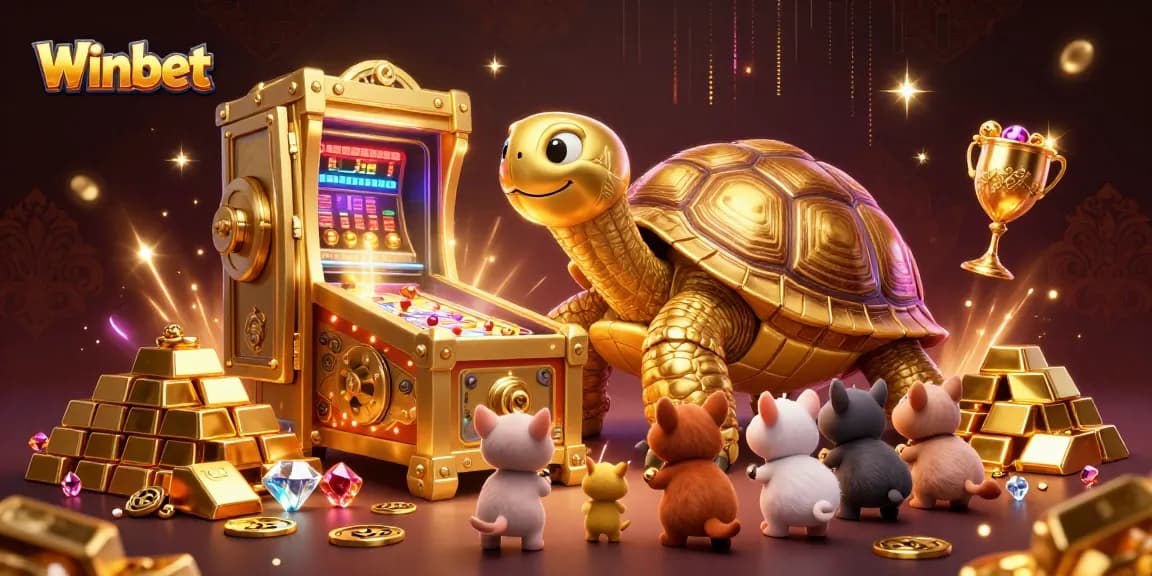Winbet's massive golden tortoise pinball machine awaits players for thrilling casino action.